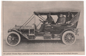 Six cylinder Thomas Flyer, owned by C.F. Horner, Supervisor of Alameda County and Good Road champion